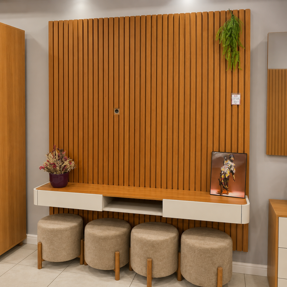 Painel Ripado Lyon com Nicho Arcus 186cm 2 Gavetas e Prateleira - Naturalle / Off White