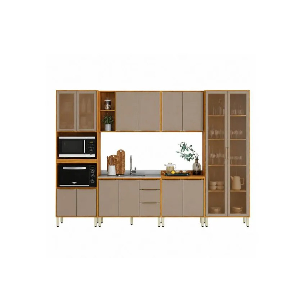 Cozinha Completa Plena + Cristaleira Plena C/ 2 Portas 48cm - Cinamomo Touch/Nude