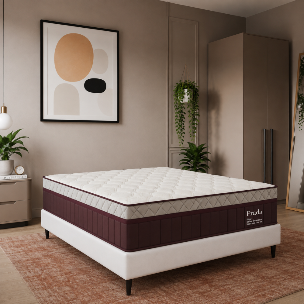 Colchão Prada Casal com Molas Ensacadas 32x188x138cm + Base Cama Box Casal Courino - Branco