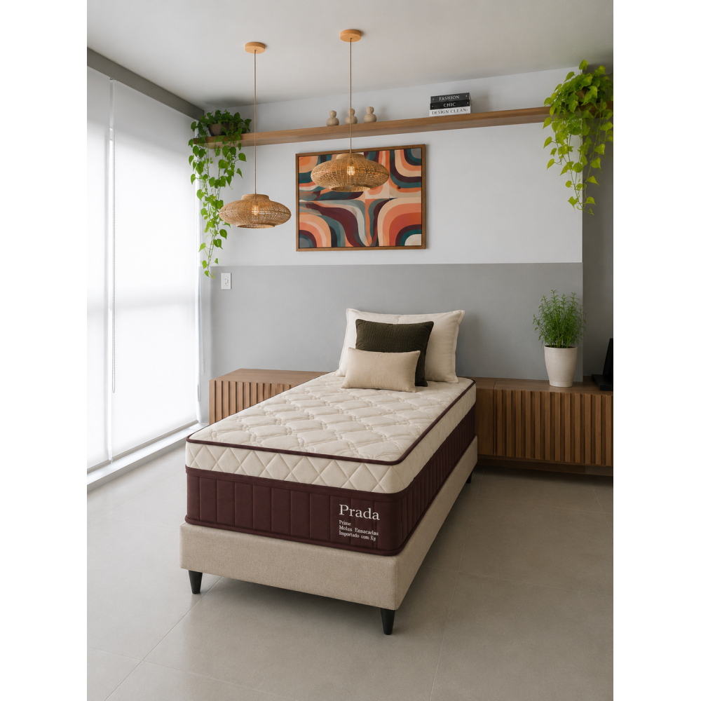 Colchão Prada Solteiro com Molas Ensacadas 32x188x88cm + Base Solteiro Courino - Bege