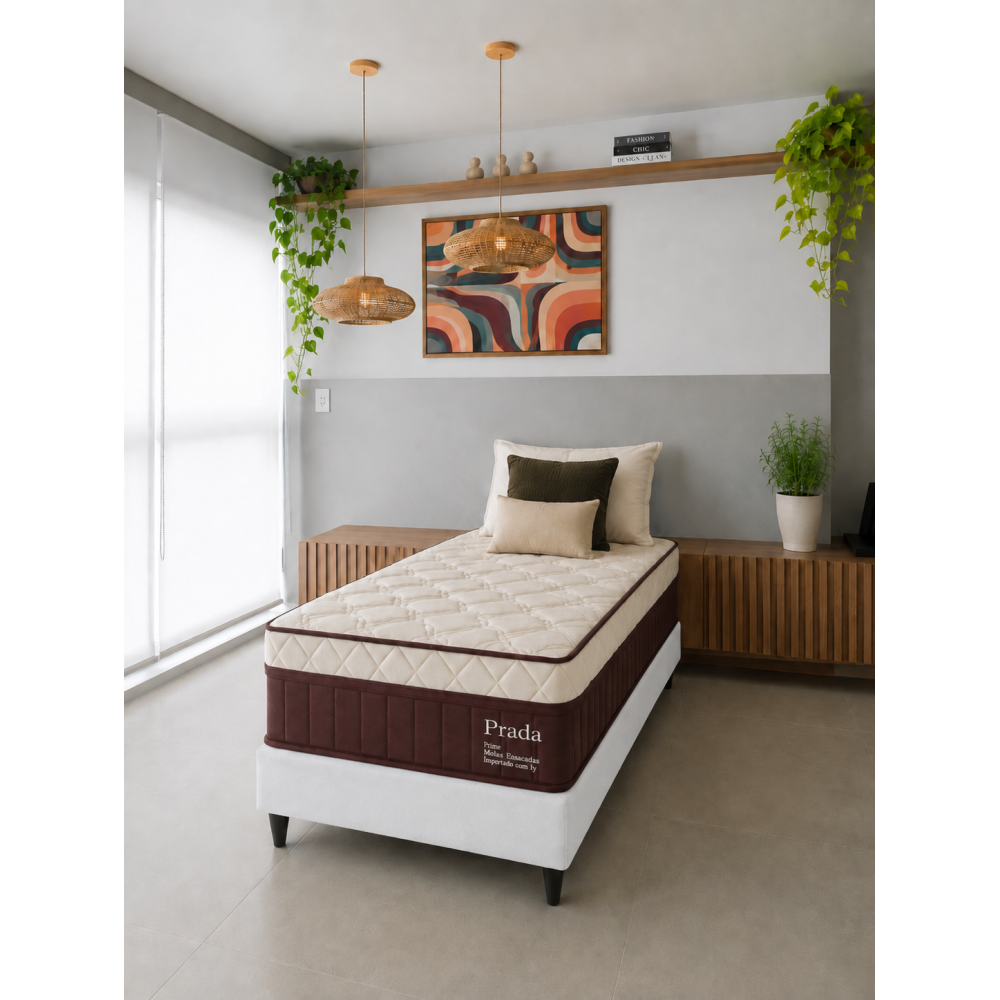 Colchão Prada Solteiro com Molas Ensacadas 32x188x88cm + Base Solteiro Courino - Branco