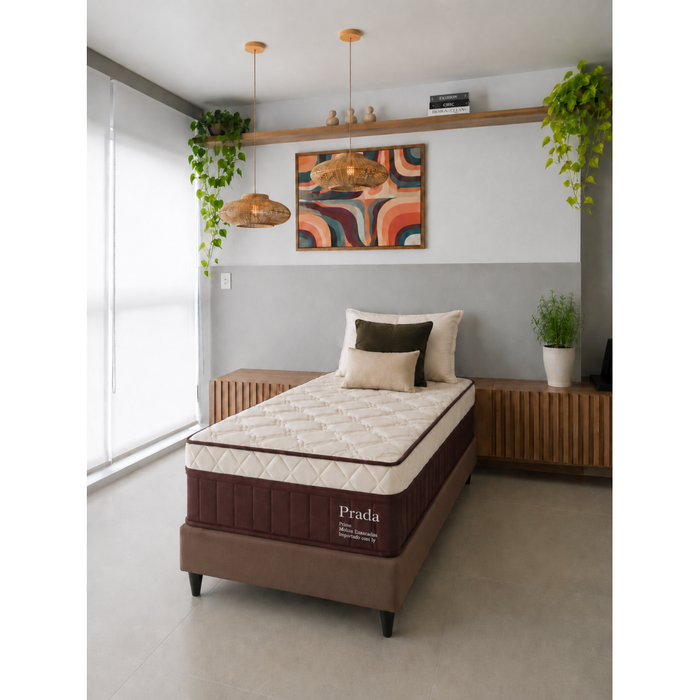 Colchão Prada Solteiro com Molas Ensacadas 32x188x88cm + Base Solteiro Courino - Marrom