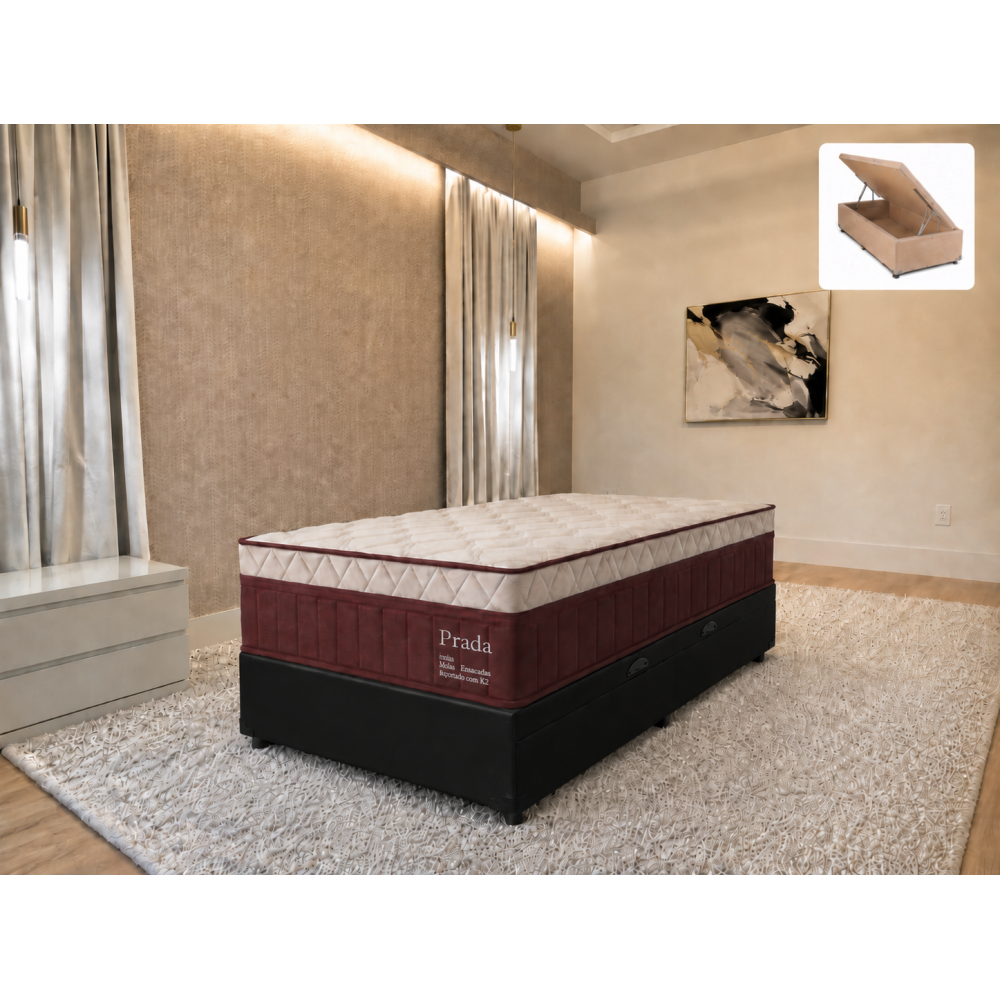 Colchão Prada Solteiro com Molas Ensacadas 32x188x88cm + Base Baú Courino Solteiro - Preto