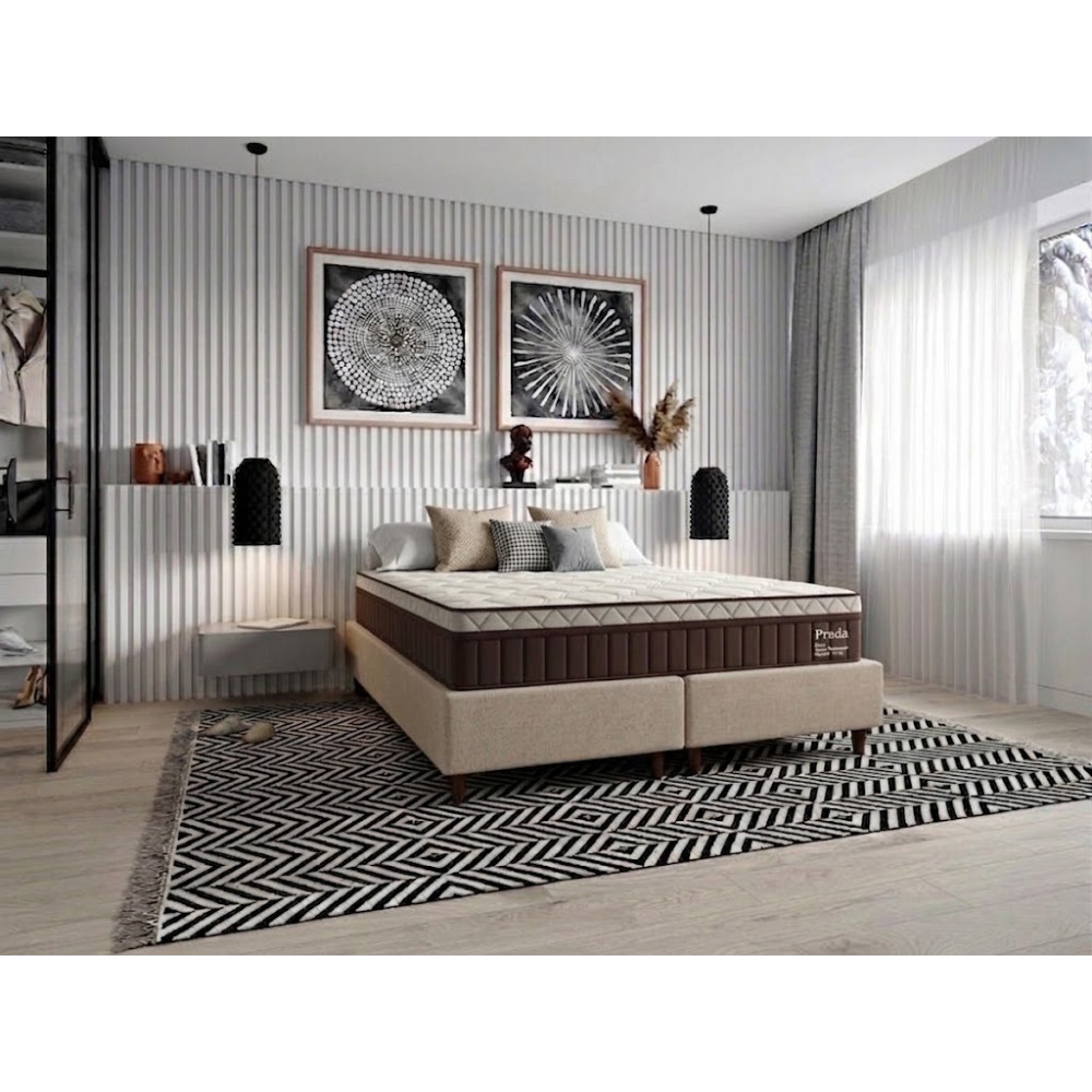 Colchão Prada Queen com Molas Ensacadas 32x198x158cm + Base Box Queen Bipartido Courino - Bege