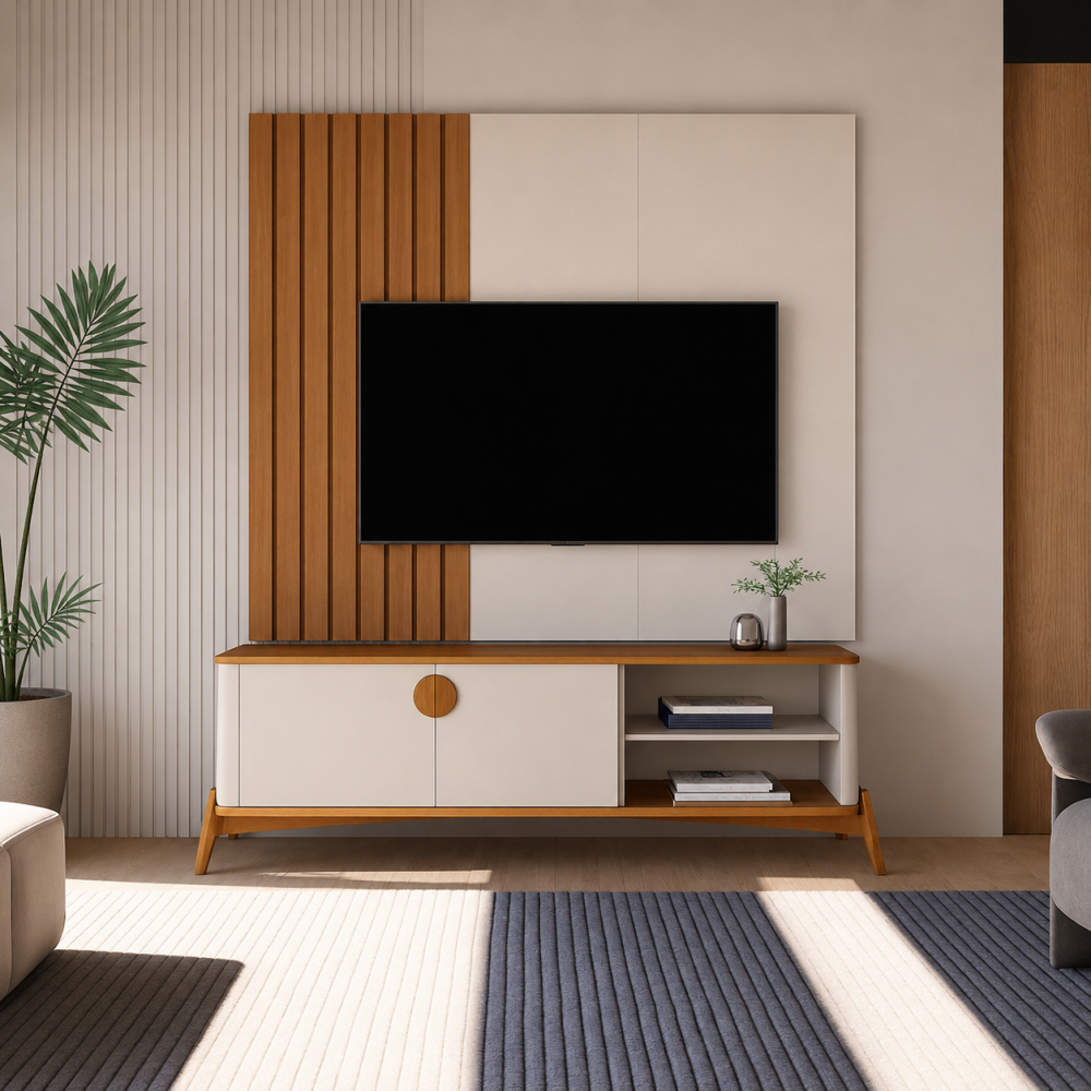 Rack Buriti 1.4 com Painel Boto 1.4 para TVs até 55″ - Off White/Nature