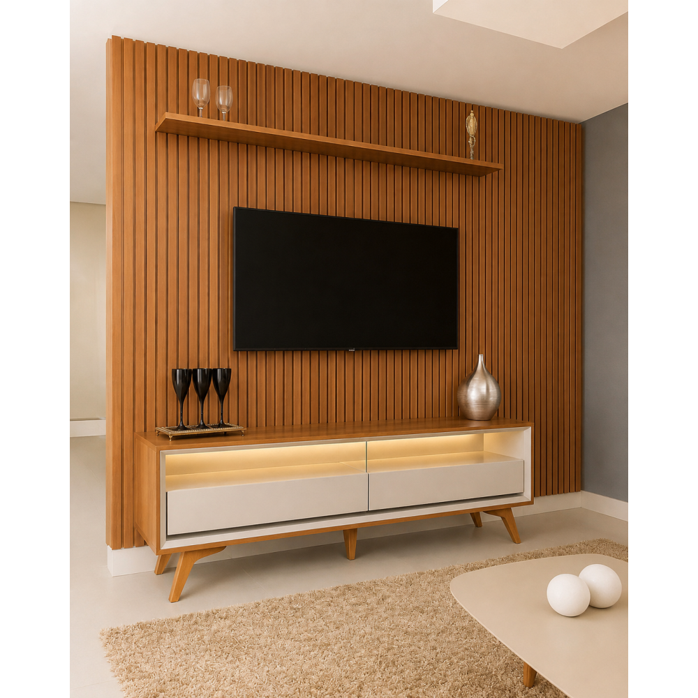 Rack Viena com Painel Ripado Lyon 186 c/ Prateleira - Naturalle / Off White