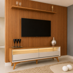 Rack Viena com Painel Ripado Lyon 186 c/ Prateleira - Naturalle / Off White