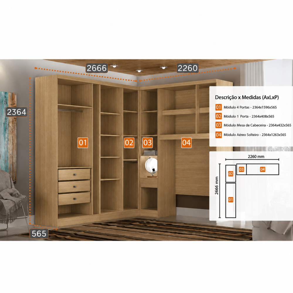 Guarda Roupa Modulado Rizon 004 Solteiro 4 Peças Novo Horizonte - Cinamomo/Off White