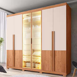 Guarda-roupa Casal 6 Portas com Led e Reflecta 4 Gavetas Sinatra 2.6 - Freijó / Off White