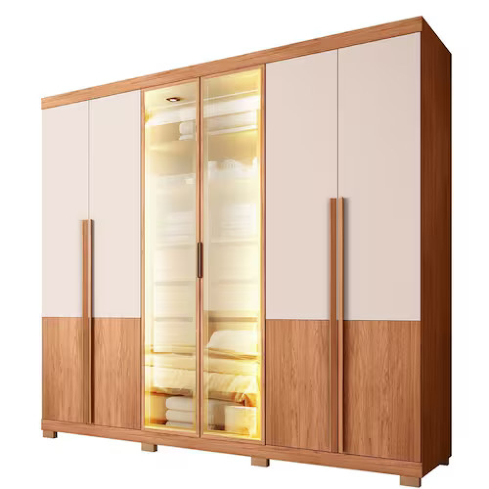 Guarda-roupa Casal 6 Portas com Led e Reflecta 4 Gavetas Sinatra 2.6 - Freijó / Off White