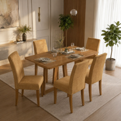 Mesa de Jantar Rubi 160x90cm S/ Vidro - Cinamomo + 6 Cadeiras Amsterdã Linho - Caramelo