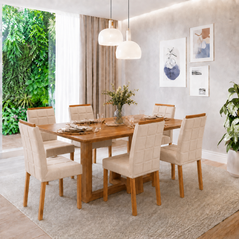 Mesa de Jantar Rubi 160x90cm S/ Vidro - Cinamomo + 6 Cadeiras Julia - Linho Bege