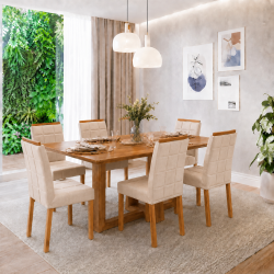 Mesa de Jantar Rubi 160x90cm S/ Vidro - Cinamomo + 6 Cadeiras Julia - Linho Bege