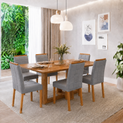 Mesa de Jantar Rubi 160x90cm S/ Vidro - Cinamomo + 6 Cadeiras Julia - Linho Cinza