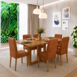 Mesa de Jantar Rubi 160x90cm S/ Vidro - Cinamomo + 6 Cadeiras Julia - Veludo Terracota