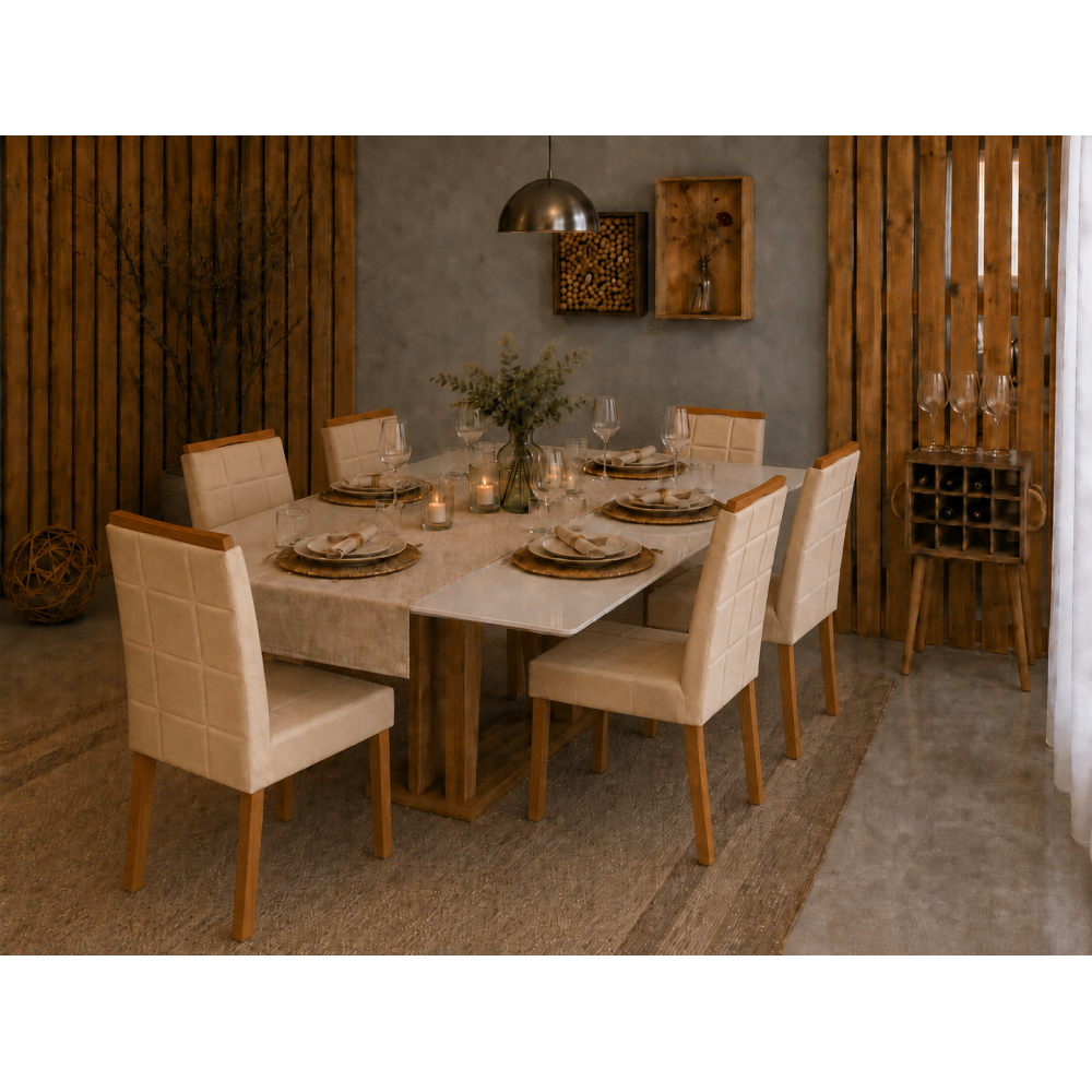Mesa de Jantar Rubi 160x90cm Com Tampo de Vidro - Cinamomo/Off White + 6 Cadeiras Julia - Linho Bege