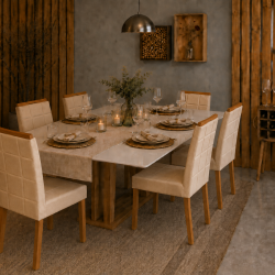 Mesa de Jantar Rubi 160x90cm Com Tampo de Vidro - Cinamomo/Off White + 6 Cadeiras Julia - Linho Bege