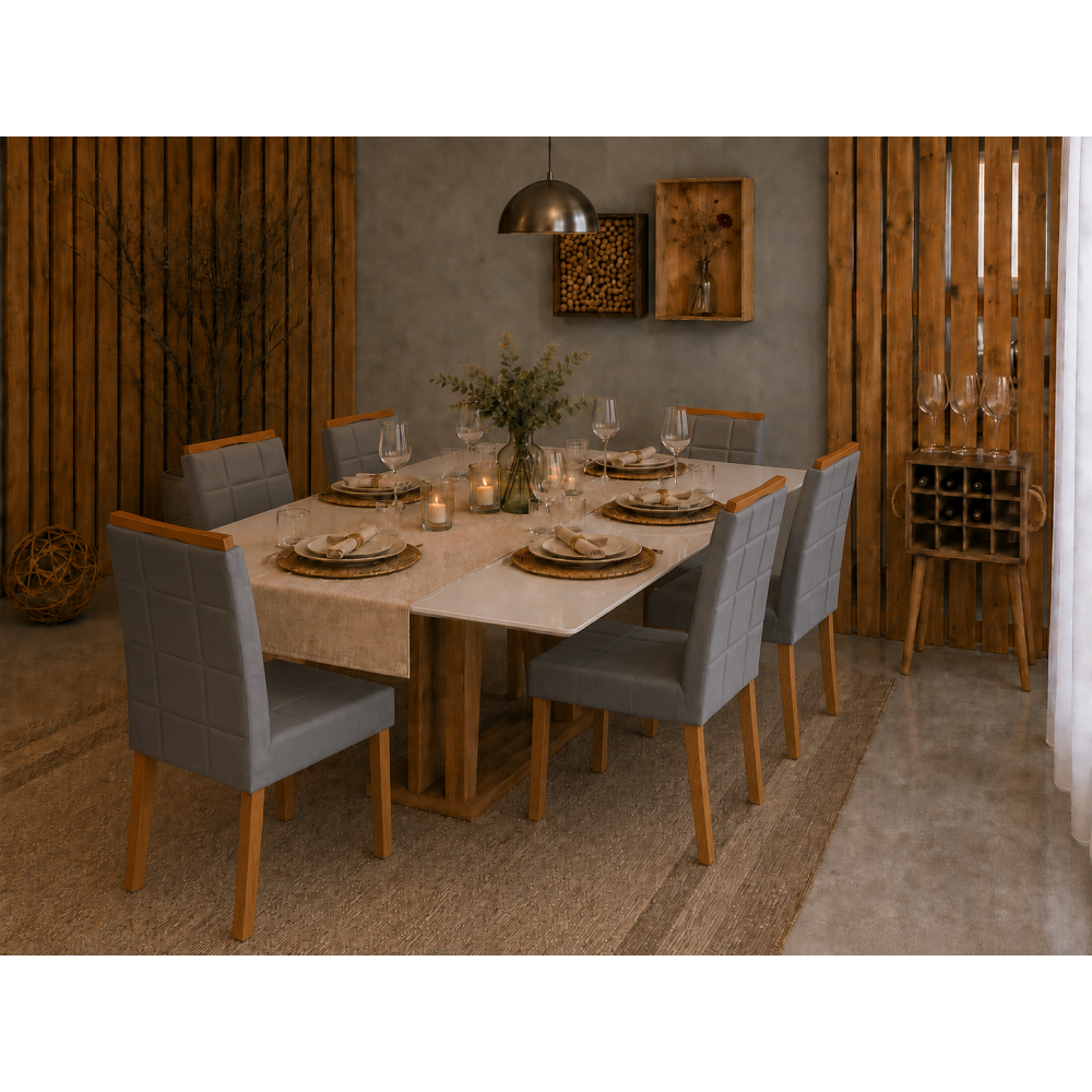 Mesa de Jantar Rubi 160x90cm Com Tampo de Vidro - Cinamomo/Off White + 6 Cadeiras Julia - Linho Cinza