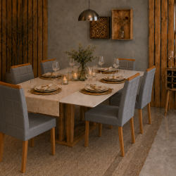 Mesa de Jantar Rubi 160x90cm Com Tampo de Vidro - Cinamomo/Off White + 6 Cadeiras Julia - Linho Cinza