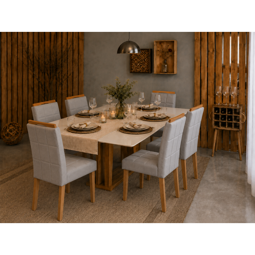 Mesa de Jantar Rubi 160x90cm Com Tampo de Vidro - Cinamomo/Off White + 6 Cadeiras Julia - Veludo Prata