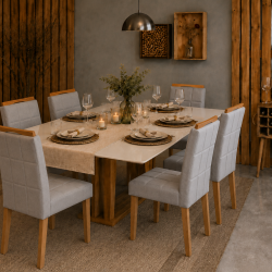 Mesa de Jantar Rubi 160x90cm Com Tampo de Vidro - Cinamomo/Off White + 6 Cadeiras Julia - Veludo Prata