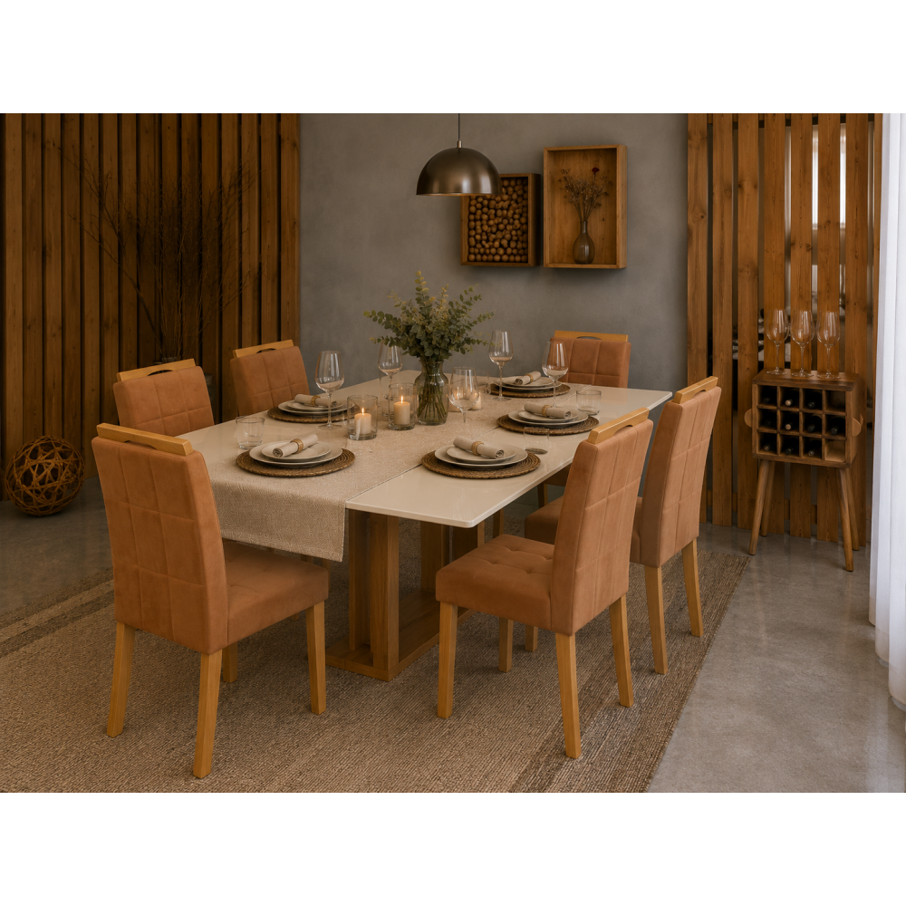 Mesa de Jantar Rubi 160x90cm Com Tampo de Vidro - Cinamomo/Off White + 6 Cadeiras Julia - Veludo Terracota
