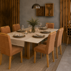 Mesa de Jantar Rubi 160x90cm Com Tampo de Vidro - Cinamomo/Off White + 6 Cadeiras Julia - Veludo Terracota