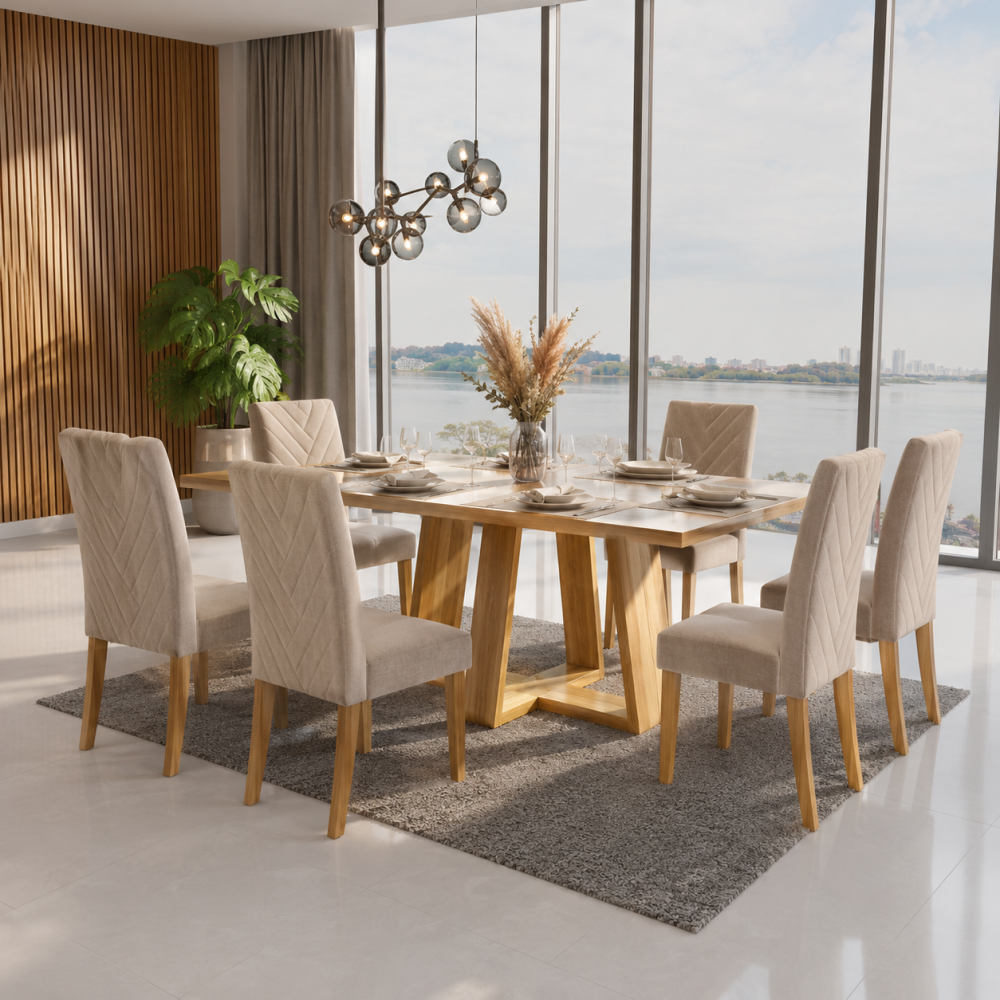 Mesa de Jantar Rubi 160x90cm Com Tampo de Vidro - Cinamomo/Off White + 6 Cadeiras Amsterdã Linho - Bege