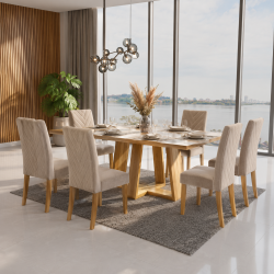 Mesa de Jantar Rubi 160x90cm Com Tampo de Vidro - Cinamomo/Off White + 6 Cadeiras Amsterdã Linho - Bege