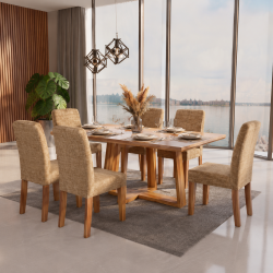 Mesa de Jantar Rubi 160x90cm Com Tampo de Vidro - Cinamomo/Off White + 6 Cadeiras Amsterdã Veludo - Bege