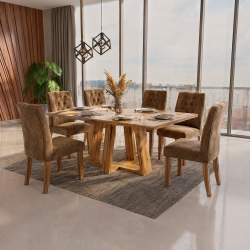 Mesa de Jantar Rubi 160x90cm Com Tampo de Vidro - Cinamomo/Off White + 6 Cadeiras Amsterdã Veludo - Capuccino