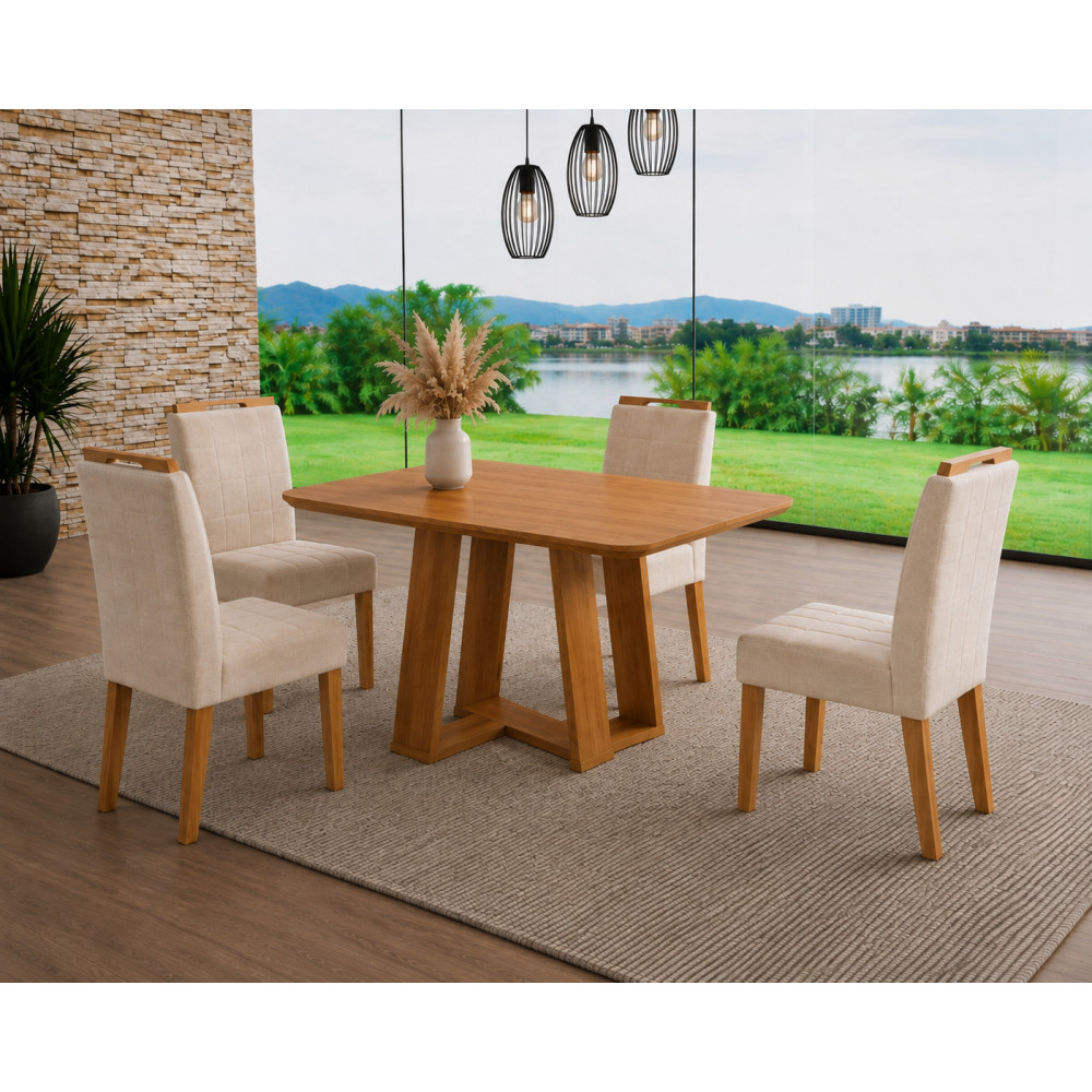 Mesa de Jantar Rubi 120x80cm S/ Vidro - Cinamomo + 4 Cadeiras Julia - Linho Bege
