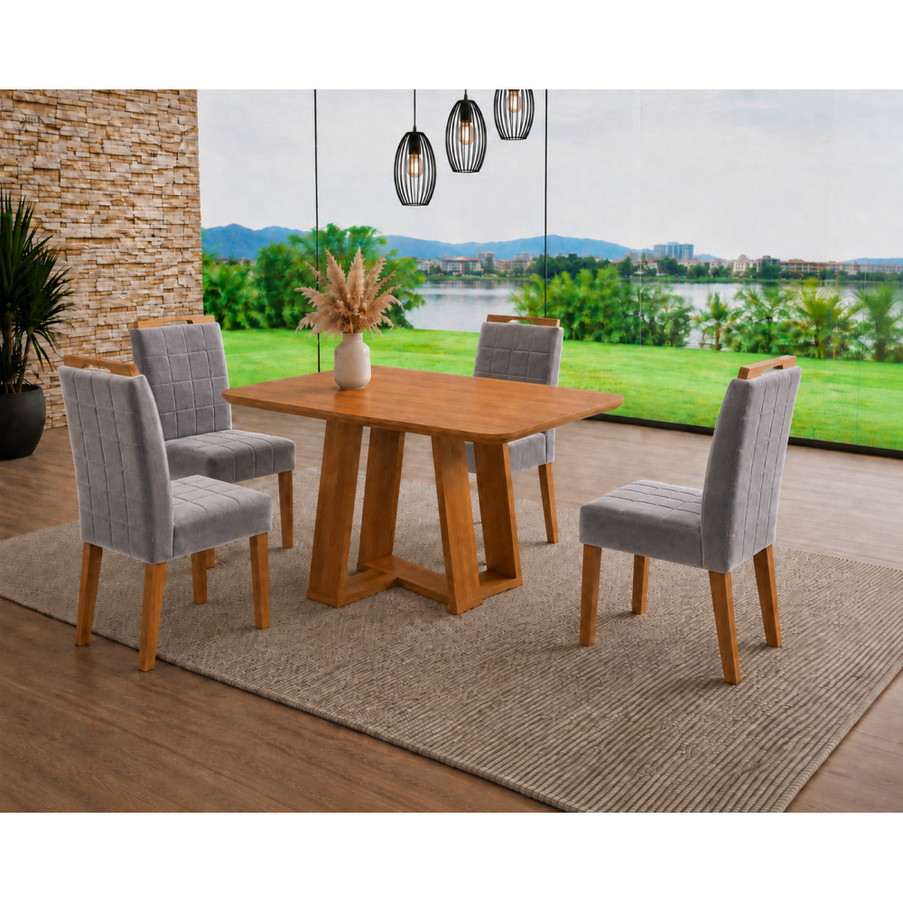 Mesa de Jantar Rubi 120x80cm S/ Vidro - Cinamomo + 4 Cadeiras Julia - Veludo Cinza
