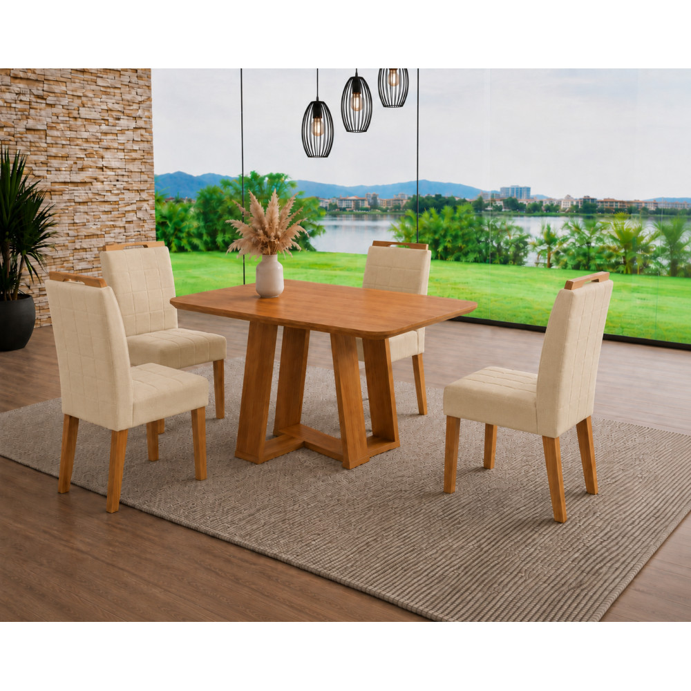 Mesa de Jantar Rubi 120x80cm S/ Vidro - Cinamomo + 4 Cadeiras Julia - Veludo Bege