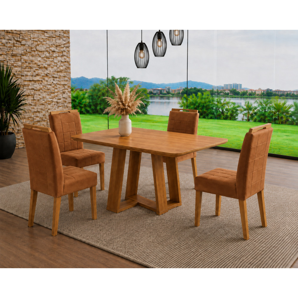 Mesa de Jantar Rubi 120x80cm S/ Vidro - Cinamomo + 4 Cadeiras Julia - Veludo Terracota