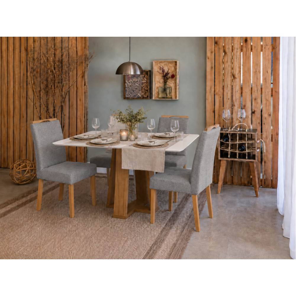 Mesa de Jantar Rubi 120x80cm Com Tampo de Vidro - Cinamomo/Off White + 4 Cadeiras Julia - Linho Cinza