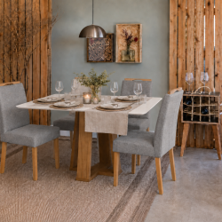 Mesa de Jantar Rubi 120x80cm Com Tampo de Vidro - Cinamomo/Off White + 4 Cadeiras Julia - Linho Cinza