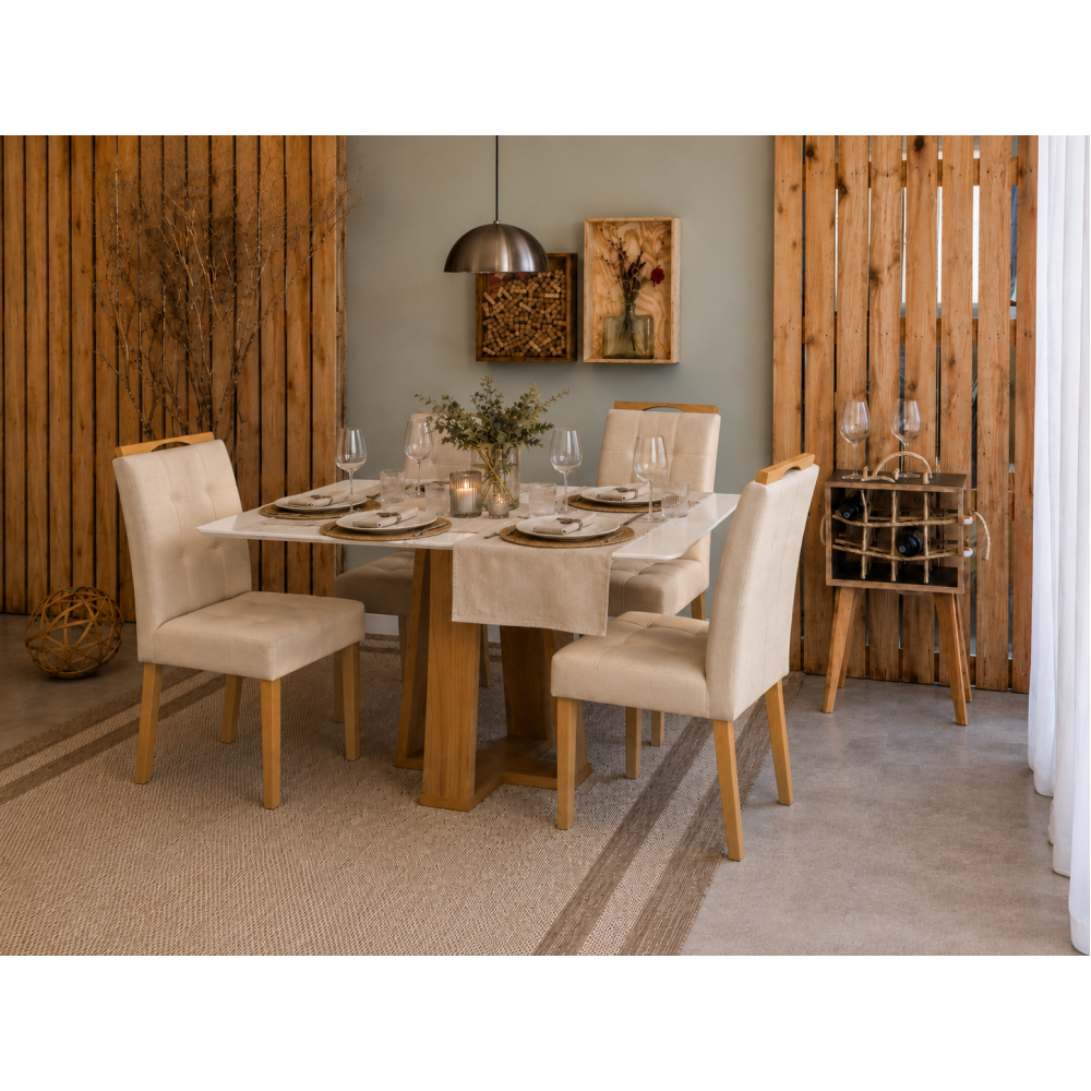 Mesa de Jantar Rubi 120x80cm Com Tampo de Vidro - Cinamomo/Off White + 4 Cadeiras Julia - Veludo Bege