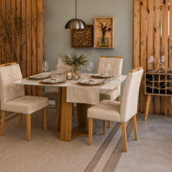 Mesa de Jantar Rubi 120x80cm Com Tampo de Vidro - Cinamomo/Off White + 4 Cadeiras Julia - Veludo Bege