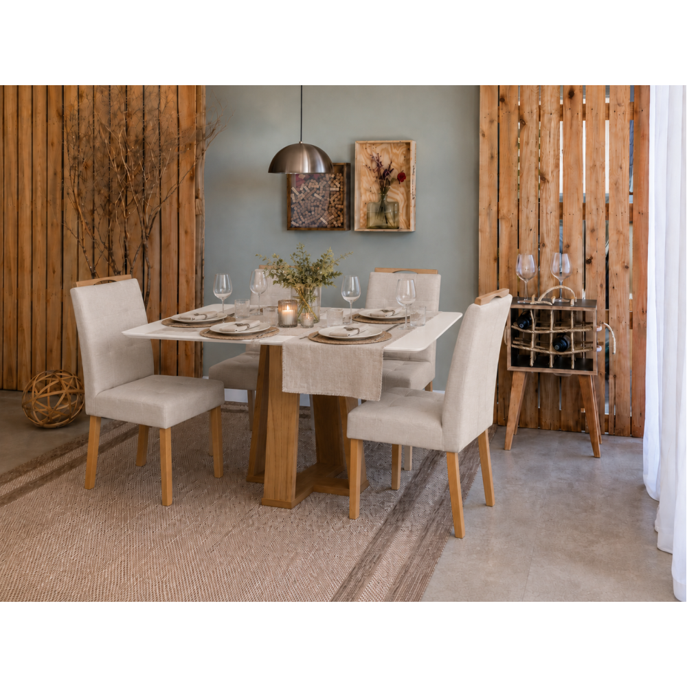 Mesa de Jantar Rubi 120x80cm Com Tampo de Vidro - Cinamomo/Off White + 4 Cadeiras Julia - Linho Bege