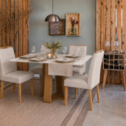 Mesa de Jantar Rubi 120x80cm Com Tampo de Vidro - Cinamomo/Off White + 4 Cadeiras Julia - Linho Bege