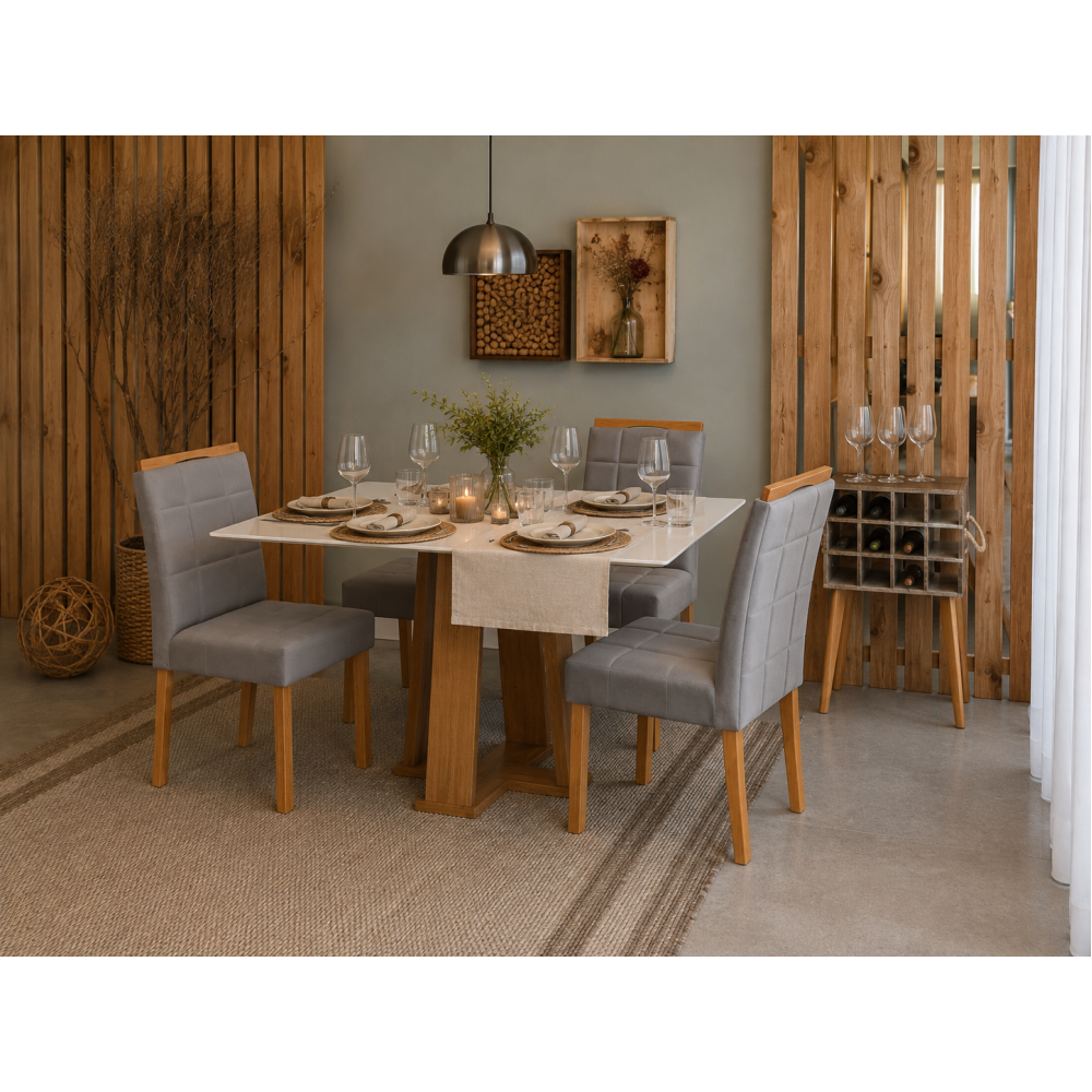 Mesa de Jantar Rubi 120x80cm Com Tampo de Vidro - Cinamomo/Off White + 4 Cadeiras Julia - Veludo Cinza