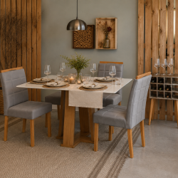 Mesa de Jantar Rubi 120x80cm Com Tampo de Vidro - Cinamomo/Off White + 4 Cadeiras Julia - Veludo Cinza