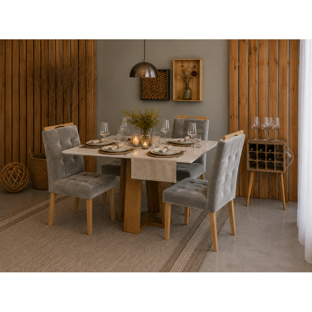 Mesa de Jantar Rubi 120x80cm Com Tampo de Vidro - Cinamomo/Off White + 4 Cadeiras Julia - Veludo Prata