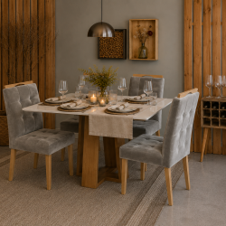 Mesa de Jantar Rubi 120x80cm Com Tampo de Vidro - Cinamomo/Off White + 4 Cadeiras Julia - Veludo Prata