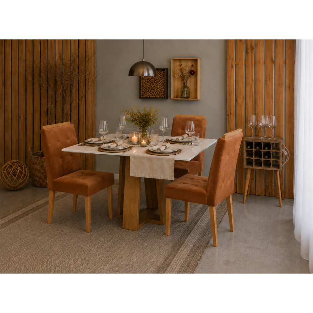 Mesa de Jantar Rubi 120x80cm Com Tampo de Vidro - Cinamomo/Off White + 4 Cadeiras Julia - Veludo Terracota