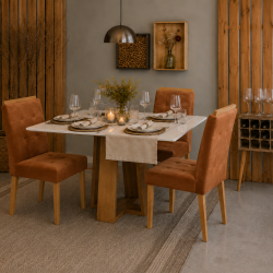 Mesa de Jantar Rubi 120x80cm Com Tampo de Vidro - Cinamomo/Off White + 4 Cadeiras Julia - Veludo Terracota