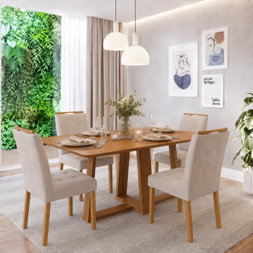 Mesa de Jantar Rubi 160x90cm S/ Vidro - Cinamomo + 4 Cadeiras Julia - Linho Bege