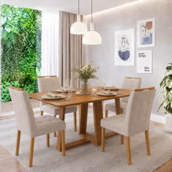 Mesa de Jantar Rubi 160x90cm S/ Vidro - Cinamomo + 4 Cadeiras Julia - Linho Bege