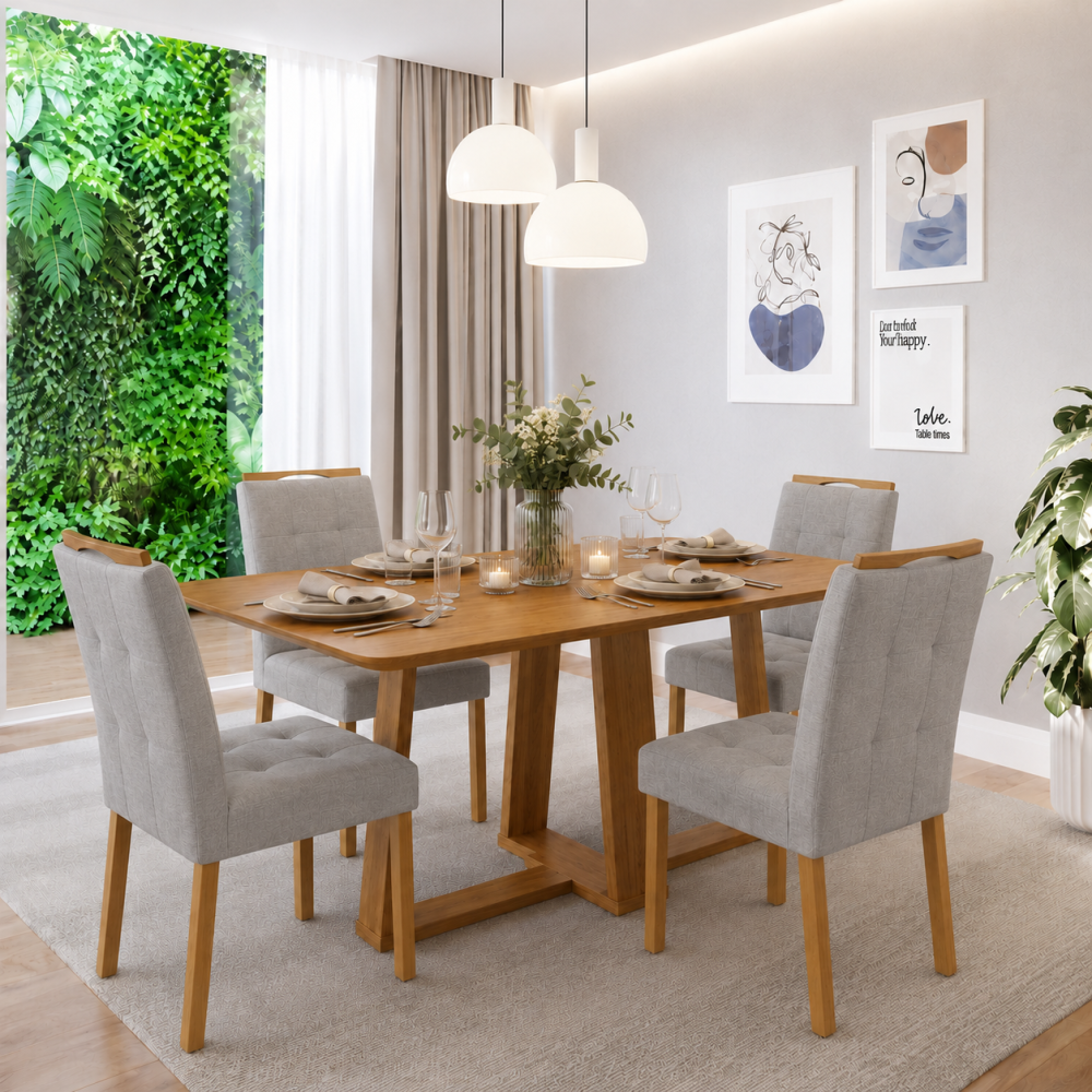 Mesa de Jantar Rubi 160x90cm S/ Vidro - Cinamomo + 4 Cadeiras Julia - Linho Cinza